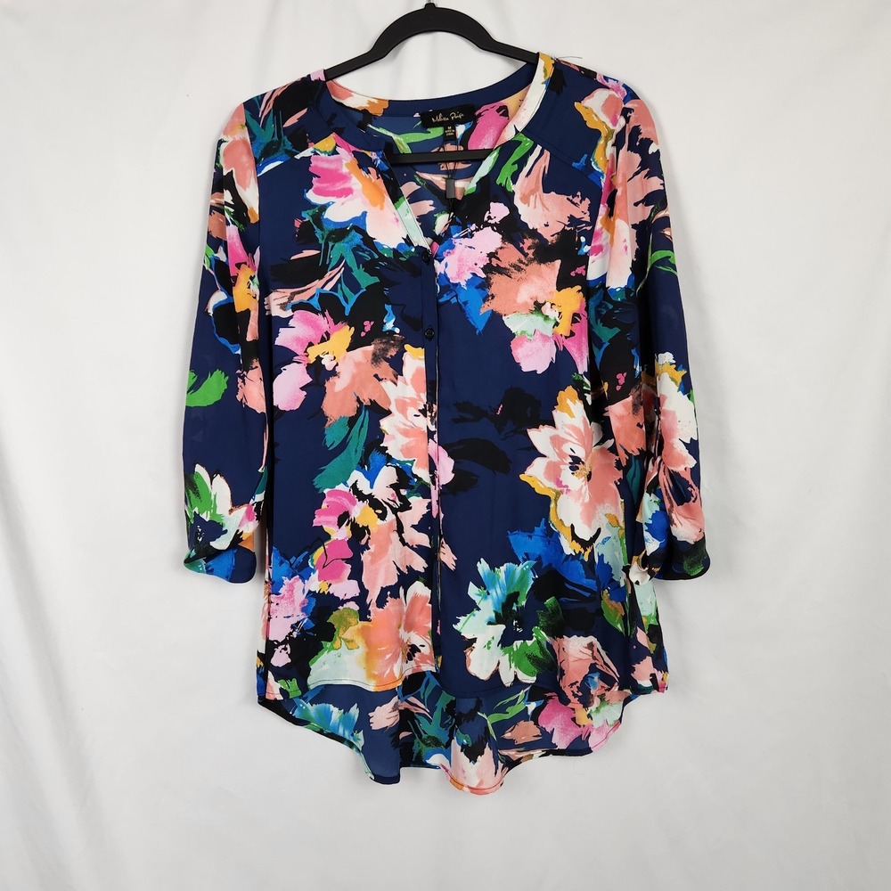 Melissa Paige Roll Tab Sleeve Multicolor Floral Button Down Lightweight Size‎ M